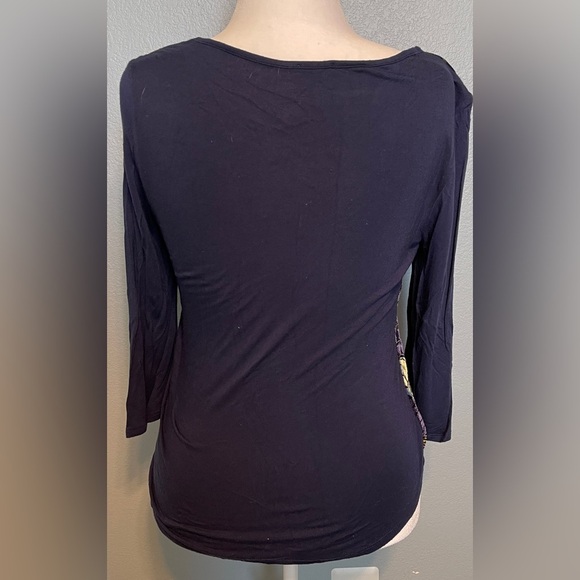 Chico’s Blue Wrap Tie Front Knit Top Artsy Peacock Print Velvet Burnout Size 3 - Picture 2 of 9